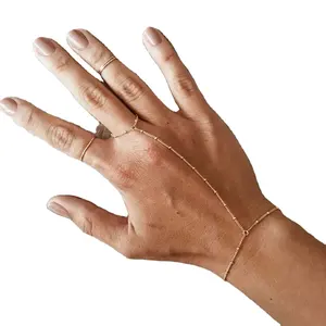 2024 Stainless Steel Trendy Fashion Jewelry 2 In 1 Handy Girls Gold Fashion Design Hand Finger Chain Ring Bracelet Set