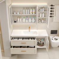 Mueble de Baño Flotante de Madera Maciza de Estilo Retro Francés de Lujo con Lavabo, Espejo LED Inteligente con Cristal Acanalado Arqueado, Juego de Doble Mueble de Baño