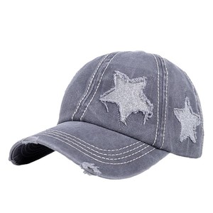 Vintage Washed Cotton Ponytail Baseball Cap with Fringe Glitter Star Patch Distressed Hole Criss Cross Messy Bun Trucker Hat for - Product Image 4