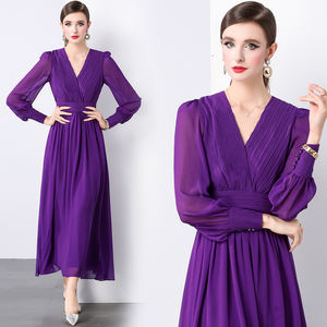 Droma Prêt à Expédier Mode Violet Jupe Plissée Manches Longues Col en V Robe pour Femmes Élégante Robe de Soirée Longue - Product Image 2