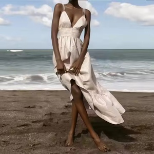 Nuevo Vestido de Lino OOTD al por Mayor para Mujer, Sexy con Tirantes Finos, Vestido Modesto de Lino y Algodón, Vestido de Playa con Escote en V Profundo, Color Liso - Product Image 2