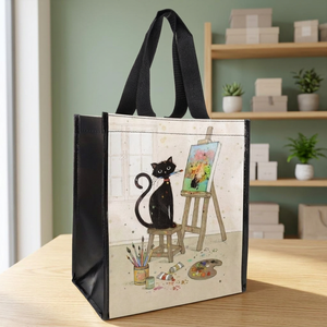 Grand sac de courses en tissu non tissé motif chat noir de dessin animé, sac personnalisé avec logo, sac fourre-tout à poignée supérieure, poignée longue - Product Image 1