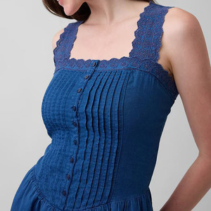 Vestido corto de algodón con encaje y cuello cuadrado para mujer, vestido informal de verano con botones plisados ​​de estilo vintage - Product Image 4