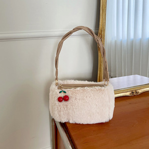 Bolso de Peluche con Cremallera y Asa Tejida de Color Sólido para Mujer - Product Image 1