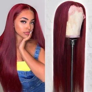 250 Density 99j Burgundy Lace Front Wig Brazilian Human Hair Lace Frontal Red Wig 100 Virgin Silky Straight Wigs For Black Women