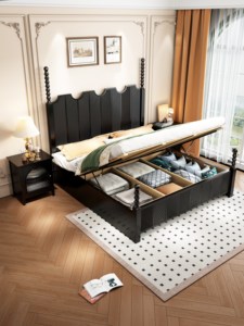Vintage <b>Black</b> Solid Wood King Size <b>Bed</b> , American Queen <b>Bed</b> with Vertical Texture & Carved Details, Luxury Bedroom - Product Image 6