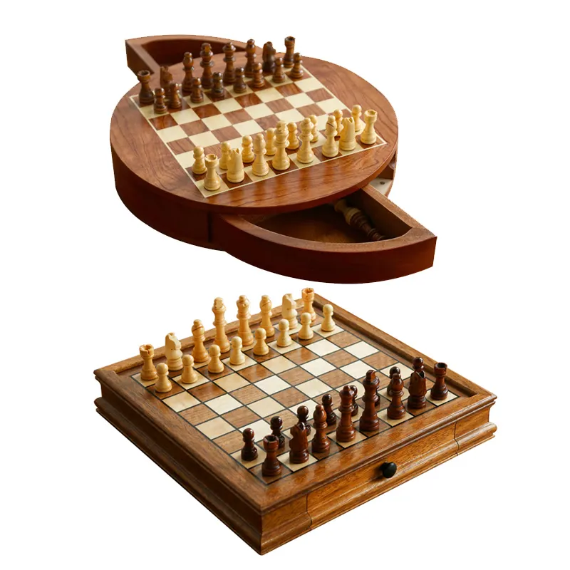 25 ans d'usine vente en gros 12.8 "x 12.8" jeu d'échecs magnétique en bois avec 2 tiroirs de rangement intégrés 2 échecs supplémentaires Queens Staunton