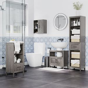 Meuble de salle de bain gris sur pied avec 2 portes et étagère ouverte - Product Image 2