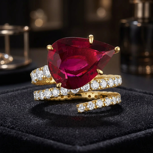 Luxury Women's 18K <b>Gold</b> <b>Cocktail</b> <b>Ring</b> With Pear Shape Ruby And Round Brilliant Cut Diamond Prong Mount - Product Image 3