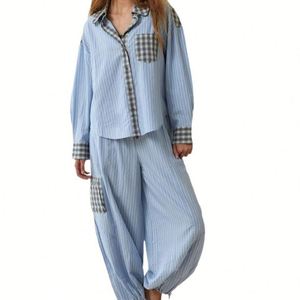 Haute qualité femmes décontracté maison porter chemise à carreaux ensemble pyjamas manches longues femmes ensemble - Product Image 5