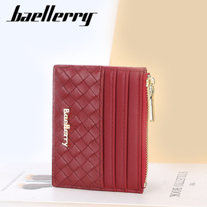 Baellerry Women's Card Holder Red PU Leather Woven Texture Zipper <b>Compact</b> <b>Wallet</b> For Everyday Use - Product Image 3
