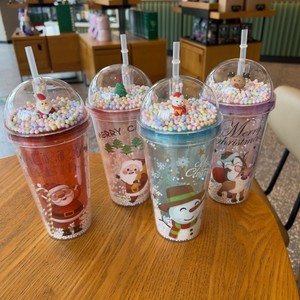 450ml Holiday Merry Christmas Printed <b>Plastic</b> Tumbler Double Wall Design with Straw Pom Pom Filled Dome Lid Cute Xmas Character - Product Image 5