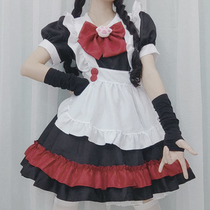 Black And <b>Red</b> Maid Outfit V Neck A Line Lolita Dress With <b>Bow</b> Headband And Apron For Halloween Or Cosplay - Product Image 4