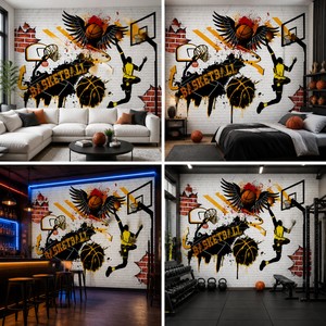 Peinture murale personnalisée sur toile à l'huile, motif graffiti de basket-ball, joueur en action, art urbain, pour salon, chambre d'adolescent, salle de sport - Product Image 4