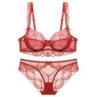Ensemble de lingerie sexy grande taille en dentelle ultra-fine, sans éponge, entièrement transparent, avec soutien-gorge anti-affaissement et effet push-up, style français populaire Pure Desire