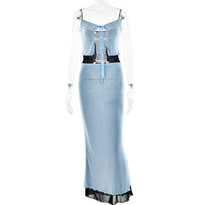 Ensemble deux pièces pour femmes, robe longue dos nu croisée, couleur contrastée, costume décontracté en polyester FD9818 - Product Image 5