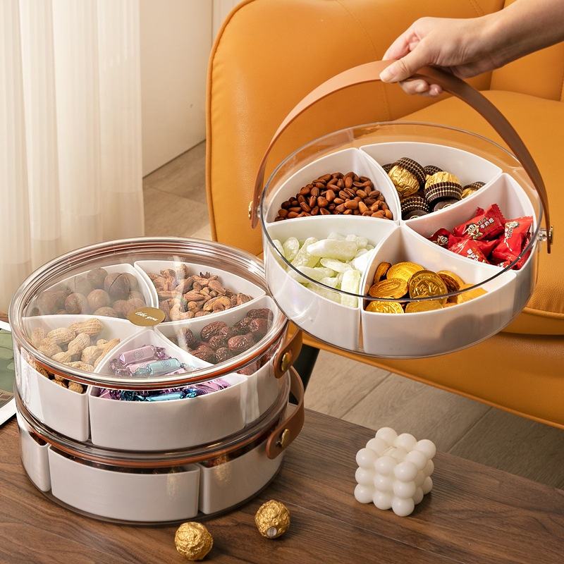 Round Plastic Veggie Tray Platter Food Storage Container Box, Clear Divided  Serving Tray with Lid Handle Portable for Party