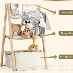 Wooden Baby <b>Clothes</b> <b>Rack</b> With Storage Basket For 0-12 Months Infant Clothing Organization Double Layer Design - Product Image 3