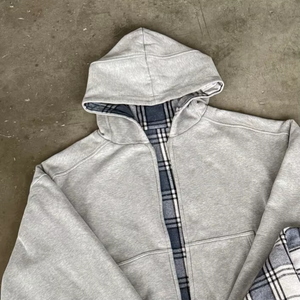 OEM Heavyweight Zip Up Hoodies <strong>Jacket</strong> With Mens Gray Gingham Reversible 500GSM Cotton Plain 2 Piece Designer Custom Factory - Product Image 3