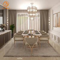 Ensemble de table à manger en marbre blanc moderne de luxe, base en métal rose doré et chaises rembourrées, meubles élégants d'inspiration française haut de gamme