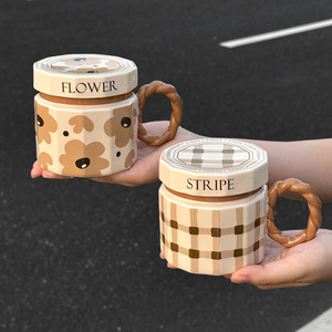 High-End Ceramic Coffee <b>Cup</b> with Simple Cartoon Design Handmade Couple Mug Lid Dishwasher Safe for Men Women for Back School - Product Image 2