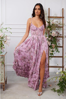 V-Ausschnitt Spaghetti-Träger Blumenmuster Maxikleid mit offenem Rücken, hoher Taille, seitlichem Schlitz und gestuften Rüschen – A-Linien-Maxikleid