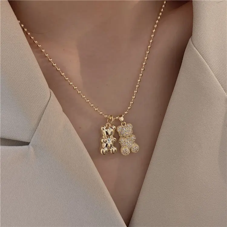 Wholesale Fashion 18K Women Jewelry Gold And Silver Bear Diamond Necklace Bling Necklace For Women