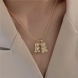 Kalung Berlian Beruang Emas dan Perak Perhiasan Wanita 18K Mode Kalung Bling untuk Wanita