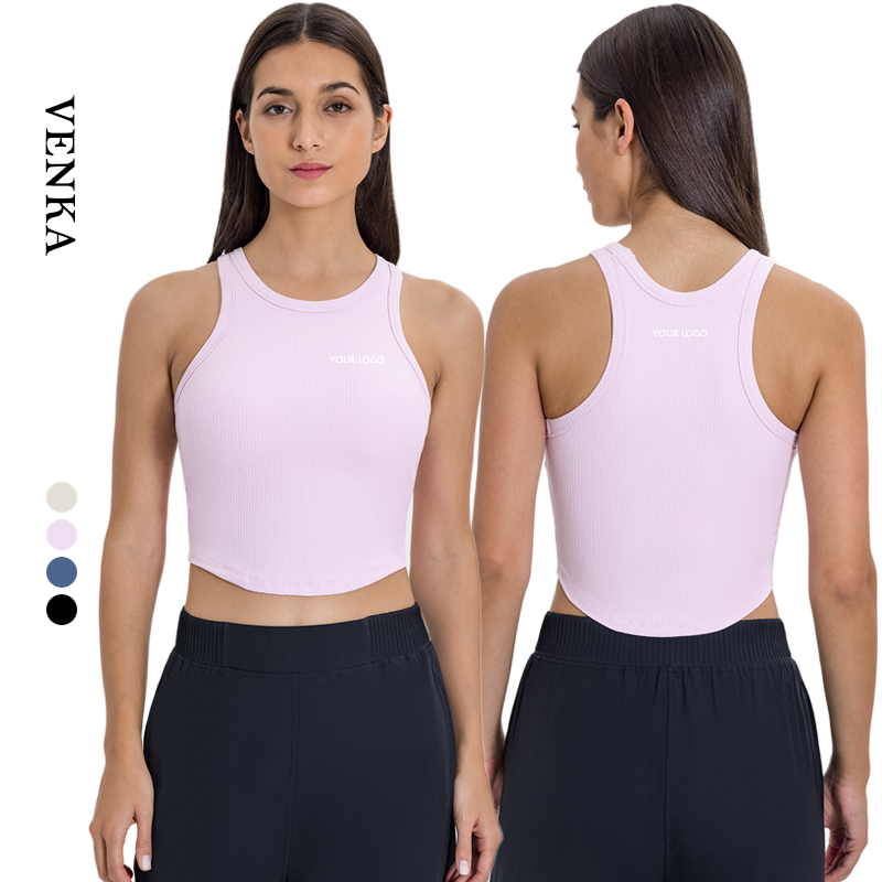Women's Round Neck Breathable Nude Tank Tops Custom LOGO Ribbed Padded Fitness Sport Yoga Loose Fit Sleeveless Design