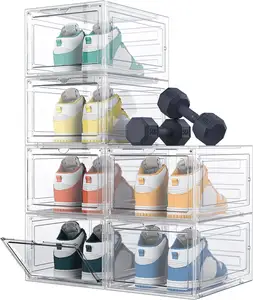10包鞋子收纳器，升级坚固的鞋盒可堆叠带磁性门的鞋子储物容器，加厚运动鞋储物