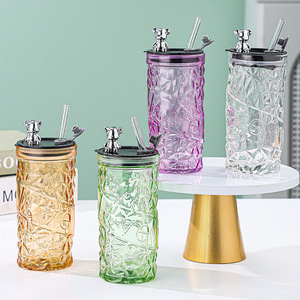 Gelas Sedotan Kaca Beeman 330ml Tumbler Bertekstur, Wadah Minuman <span class=keywords><strong>Reusable</strong></span> Bebas Timbal, Tutup Beruang, Perlengkapan Minuman Dapur, Supplier Grosir OEM - Product Image 5