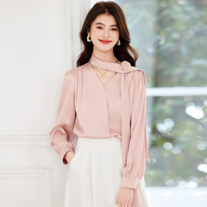 French Style V-neck Long Sleeve Shirt Women Chiffon Solid Color <b>Wrap</b> Tie Commuting Blouse Fln590 - Product Image 4