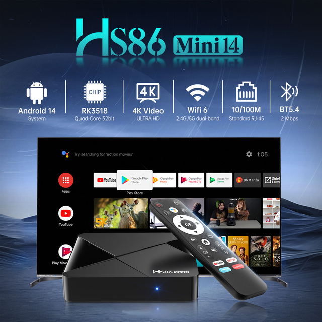 Hot Sell HS86 Mini Android TV Box Rockchip RK3518 Dual WiFi6 2GB 16GB 4K HDR Streaming Media Player with Voice Remote Control