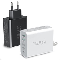 Chargeur mural rapide HNT GaN 60W PD 5-en-1, adaptateur secteur multi-ports 3 USB-C et 2 USB-A, prise US/EU/UK/AU pour iPhone 17/16/15 Pro Max