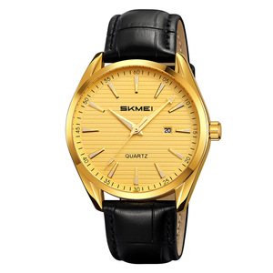 Skmei Men's Quartz Watch Gold Dial Black Leather Strap 30M Waterproof Analog Calendar Business Fashion Watch - Product Image 4