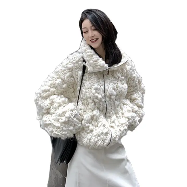 2022 Factory Direct White Wool Fashionable winter new elegant pure handmade thick needle turtleneck cardigan sweater