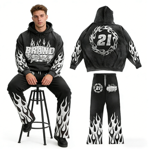 Ensemble de survêtement homme deux pièces coupe ample avec pantalon évasé, style streetwear délavé à l'acide, très demandé - Product Image 2