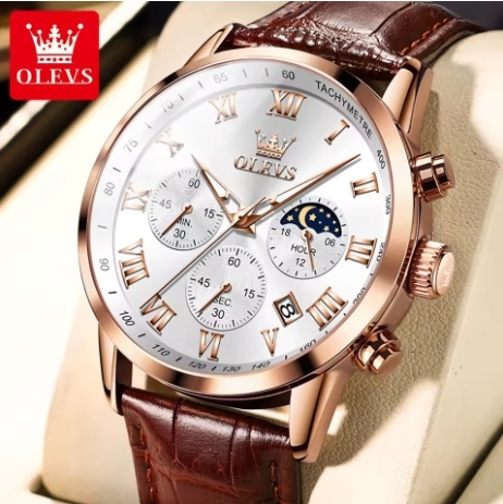OLEVS 5529 Sports Quartz Luminous Hands Watches Waterproof Leather Strap Male Moon Phase Wristwatches for Men Montre Relojes Uhr