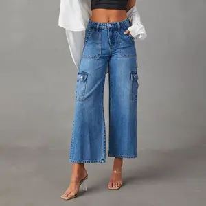 กางเกงยีนส์ทรงหลวมสำหรับผู้หญิงกางเกงขากว้างยกสะโพกกระเป๋าข้างใหญ่