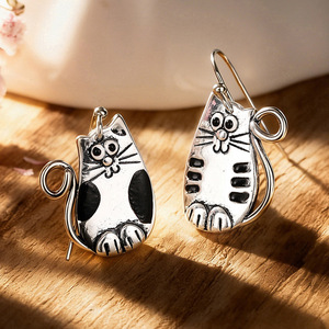 Orecchini pendenti a forma di gatto per donna, gioielli vintage in smalto a forma di animale, alla moda - Product Image 2