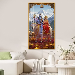 Décoration murale encadrée en porcelaine cristalline 70x40cm - Art religieux : Shiva et <span class=keywords><strong>Parvati</strong></span> nus sur le taureau Nandi - Product Image 2