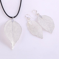 Collier et boucles d'oreilles avec pendentif en feuille véritable, breloque en filigrane naturel avec plaqué or/argent/or rose, cadeau de style punk