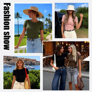 Camiseta Ajustada de Canalé para Mujer, Cuello Redondo, Manga Corta, Estilo Básico Informal para Primavera y Verano - Product Image 5