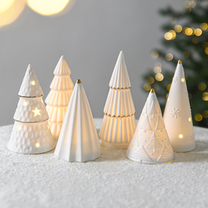 LINGKAI <b>LED</b> <b>Lighted</b> Ceramic Christmas Tree Figurine White Porcelain Table Decor Gold Trim Holiday Indoor Xmas Ornament Gift - Product Image 2