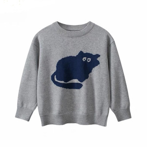 Suéter para Niñas, Color Gris Plateado, Tejido de Punto con Diseño de Gatito, Algodón Puro, Capa Base, Primavera Otoño, Ropa de Punto Infantil - Product Image 1