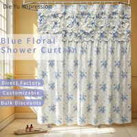Tirai Mandi Poliester Anti Air Anti Jamur Motif Bunga Biru Gaya Farmhouse Vintage 3D dengan Aksen Ruffle Prancis Mewah