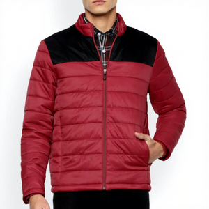 Men's Red Black Color Block Puffer Jacket Stand Collar Zipper Closure Windproof Casual Winter Jacket Regular Sleeve - Product Image 1