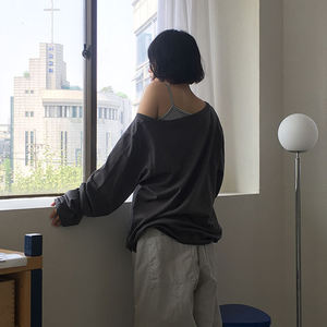 Camiseta de Mujer con Estampado Gráfico, Estilo Urbano, Tejido Holgado, Impresión Digital, Manga Larga, Cuello Asimétrico, Color Sólido - Product Image 5