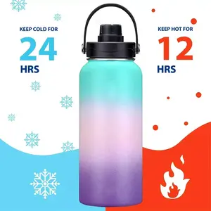 300pcs Custom Logo 32oz Double Wall Thermos Flask Keep Cold Vacuum Stainless Steel Insulated Water Bottle With 3 Lids