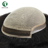 Perruques de 6 pouces en cheveux humains indiens lisses, durables, pour hommes, avec dessus en soie, filet diamant central, dentelle française, système de remplacement capillaire